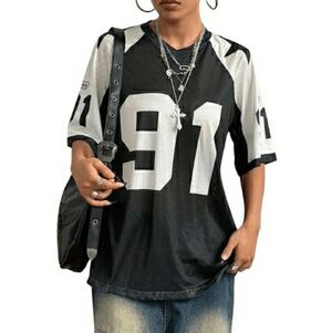 Women's Oversized Football Jersey Mesh Short Sleeve Tee Top Black